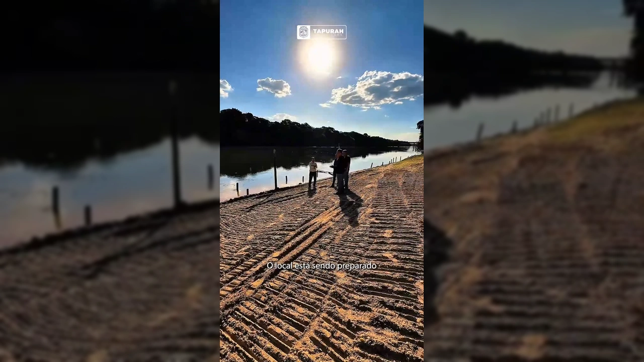Preparativos para o Festival de Pesca de Tapurah no Rio Arinos, mostrando equipamentos e a margem do rio. Créditos: Prefeitura de Tapurah / Instagram.