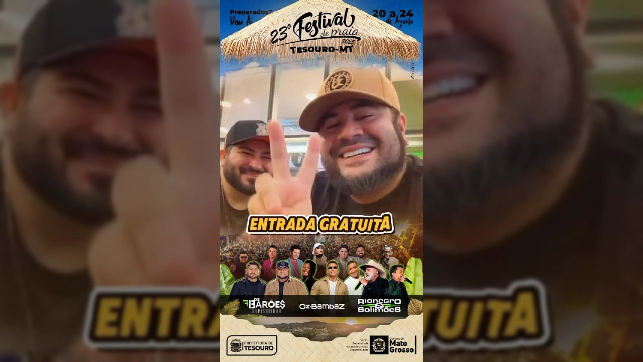 Banda Os Barões da Pisadinha se apresentando no Festival de Praia de Tesouro, foto de Prefeitura de Tesouro - MT / Instagram