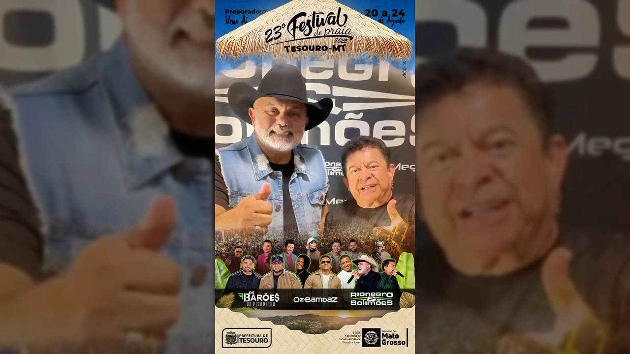 Imagem promocional do 23º Festival de Praia de Tesouro com artistas como Rio Negro & Solimões e Os Barões da Pisadinha. Crédito: Prefeitura de Tesouro / Instagram.