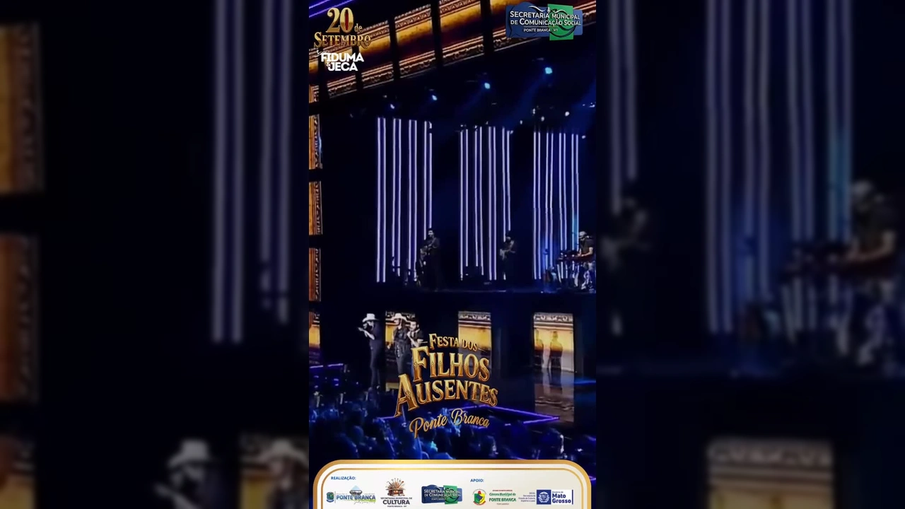 Fiduma & Jeca se apresentando em palco iluminado na Festa dos Filhos Ausentes em Ponte Branca. Créditos: Ponte Branca - MT / Instagram