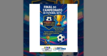 Banner da Final do Campeonato de Futebol Sete em Santa Carmem, com troféu, bola de futebol e mascote do time.