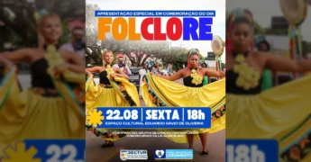 Dançarinos em trajes folclóricos vibrantes durante o Dia do Folclore em Nossa Senhora do Livramento. Crédito: Prefeitura de Livramento / Instagram.