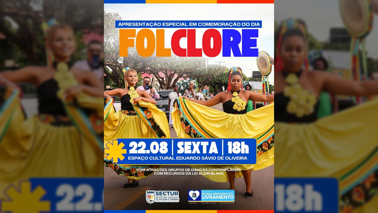 Dançarinos em trajes folclóricos vibrantes durante o Dia do Folclore em Nossa Senhora do Livramento. Crédito: Prefeitura de Livramento / Instagram.