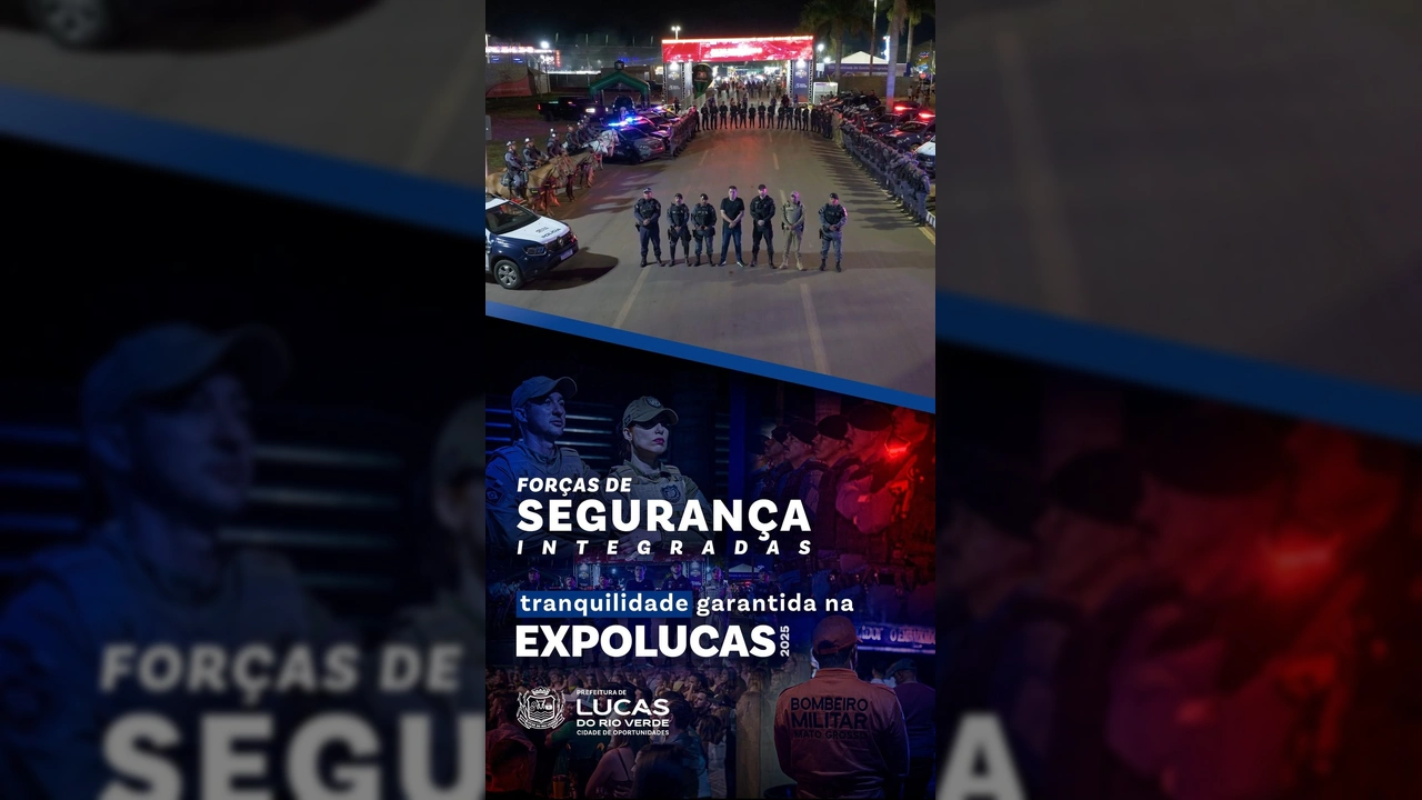 Agentes da Guarda Civil Municipal, Polícia Militar e Corpo de Bombeiros em formação na Expolucas 2025 em Lucas do Rio Verde. Créditos: Prefeitura de Lucas do Rio Verde / Instagram.