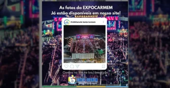 Publicação oficial da Prefeitura de Santa Carmem, com imagem aérea da ExpoCarmem 2025 lotada e texto informando sobre a disponibilidade das fotos. Créditos: Prefeitura de Santa Carmem / Instagram.