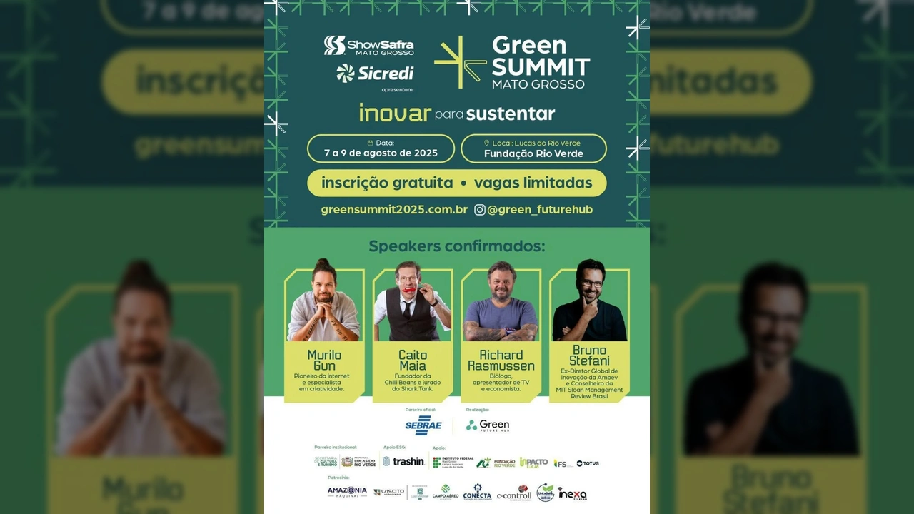 Banner promocional do Green Summit MT 2025 em Lucas do Rio Verde, com informações sobre datas, local e palestrantes.