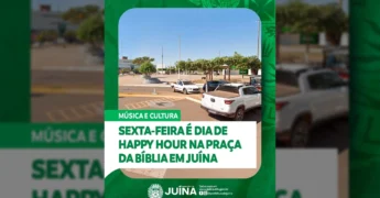 Vista da Praça da Bíblia em Juína durante o dia, com carros estacionados, para o evento Happy Hour promovido pela Prefeitura de Juína.