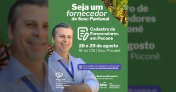 Homem sorrindo com crachá do Sesc, ao lado de texto sobre cadastro de fornecedores em Poconé, promovido por @sesc_pantanal no Instagram