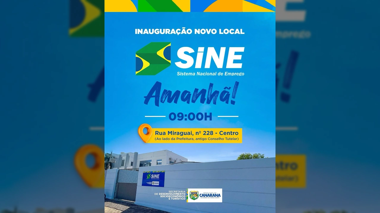 Imagem da nova sede do SINE em Canarana, Mato Grosso, com o logo da Prefeitura de Canarana e o SINE. Créditos: Prefeitura de Canarana - MT via Instagram.