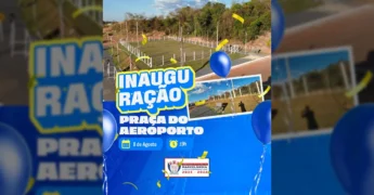 Nova Praça do Aeroporto em Marcelândia após a inauguração, com confetti e balões azuis, evidenciando o evento. Imagem por Prefeitura de Marcelândia / Instagram.