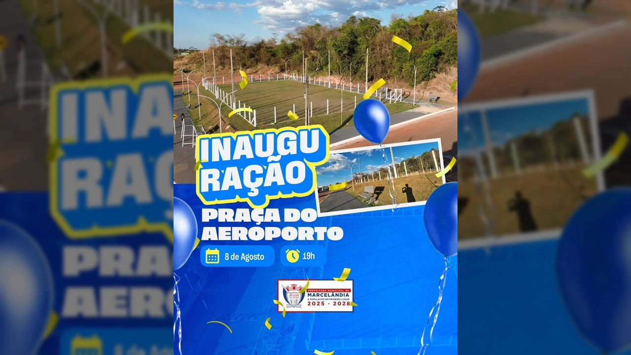 Nova Praça do Aeroporto em Marcelândia após a inauguração, com confetti e balões azuis, evidenciando o evento. Imagem por Prefeitura de Marcelândia / Instagram.