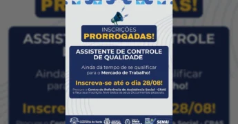Imagem de divulgação com texto 'Inscrições Prorrogadas!' e 'Assistente de Controle de Qualidade' com um megafone. Crédito: Prefeitura de Guarantã do Norte / Instagram