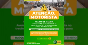 Sinal de alerta de trânsito e imagem da Avenida da FEB em Várzea Grande, indicando interdição para obras do BRT. Crédito: Prefeitura de Várzea Grande / Instagram.
