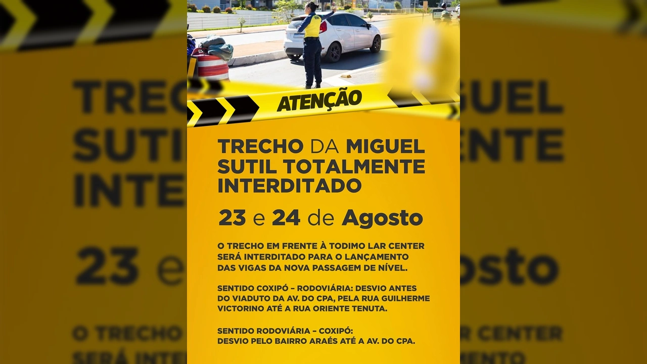 Agente de trânsito orientando o fluxo de veículos em Cuiabá durante interdição na Avenida Miguel Sutil, cortesia da Prefeitura de Cuiabá / Instagram