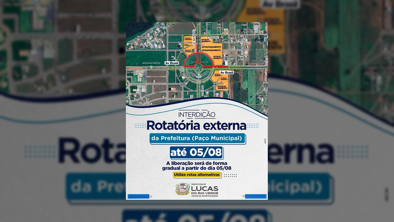 Imagem do mapa de interdição de trânsito na rotatória da Prefeitura de Lucas do Rio Verde para a ExpoLucas 2025. Crédito: Prefeitura de Lucas do Rio Verde / Instagram.