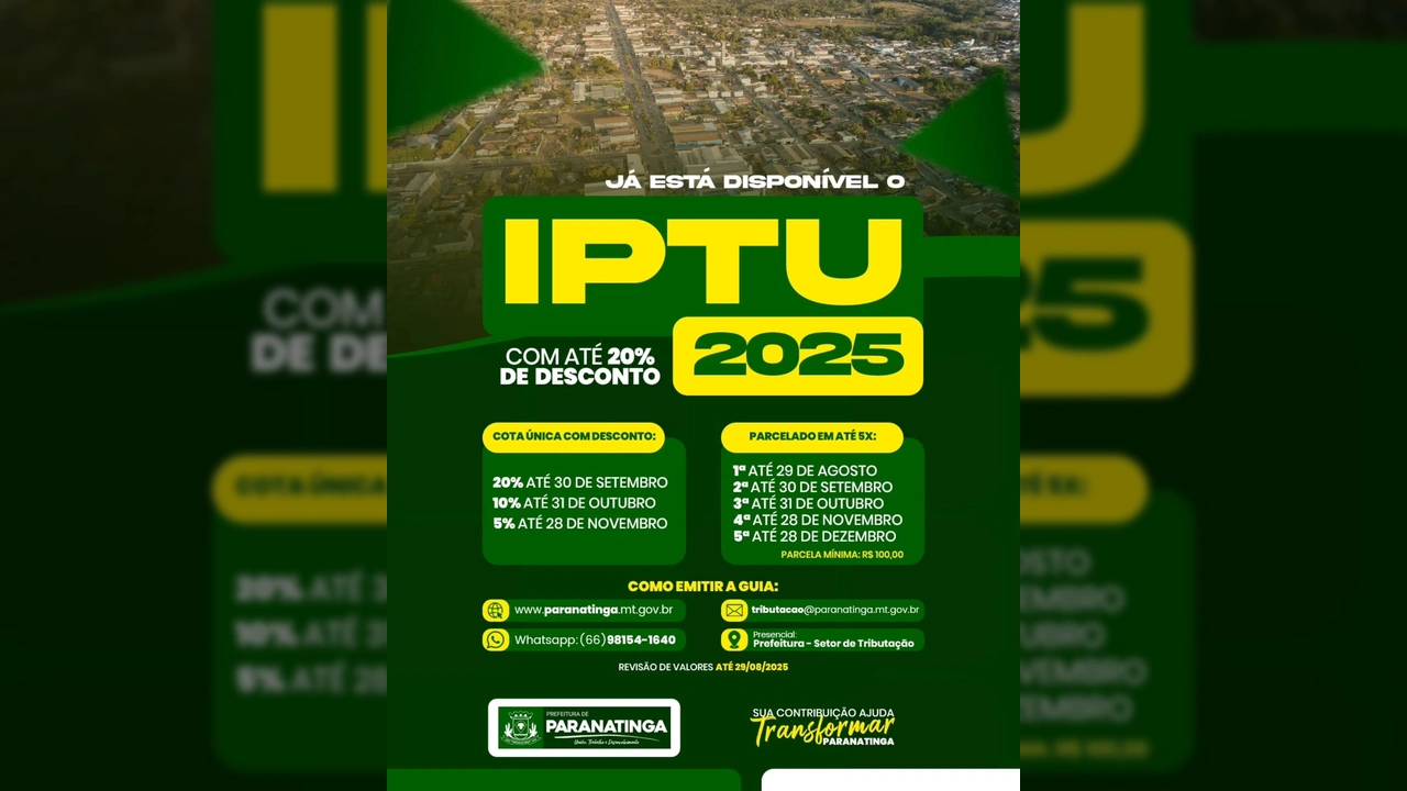 Imagem da campanha IPTU 2025 para Paranatinga, Mato Grosso, com detalhes sobre descontos e formas de pagamento, por Prefeitura de Paranatinga.