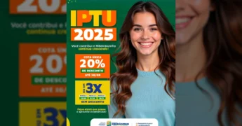 Imagem da campanha IPTU 2025 em Ribeirãozinho, mostrando uma mulher sorrindo e detalhes sobre o desconto de 20% para pagamento em cota única. Crédito: Prefeitura de Ribeirãozinho / Instagram