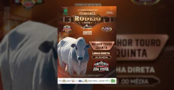 Imagem promocional do Itanhangá Rodeio Show 2025, apresentando um touro, o cinturão de rodeio e informações sobre entrada gratuita e o touro Linha Direta. Créditos: JB Rodeios / Instagram.