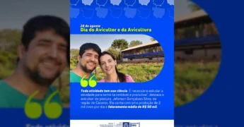 Casal de avicultores, Jeferson Gonçalves Silva e sua esposa, sorrindo em sua granja de postura em Cáceres, Mato Grosso. Créditos: @seafmt / Instagram