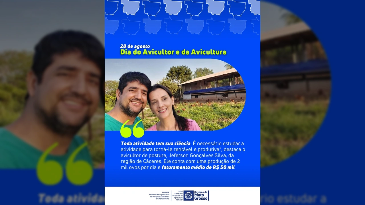 Casal de avicultores, Jeferson Gonçalves Silva e sua esposa, sorrindo em sua granja de postura em Cáceres, Mato Grosso. Créditos: @seafmt / Instagram