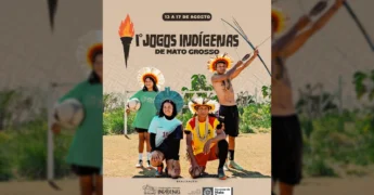 Representantes indígenas de Mato Grosso posam com vestimentas tradicionais e equipamentos esportivos, anunciando os Jogos Indígenas em Brasnorte.