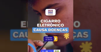 Imagem de um jovem utilizando um cigarro eletrônico (vape), com textos gráficos sobrepostos alertando que 'Cigarro Eletrônico Causa Doenças' e incentivando a entender os riscos. Créditos: Ministério da Saúde / Instagram.
