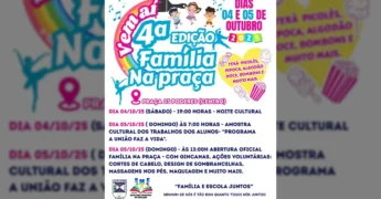 Imagem promocional da 4ª Edição do Família na Praça em Juruena, com crianças, notas musicais, um arco-íris e informações sobre as datas e atividades. Créditos: Prefeitura Municipal de Juruena.