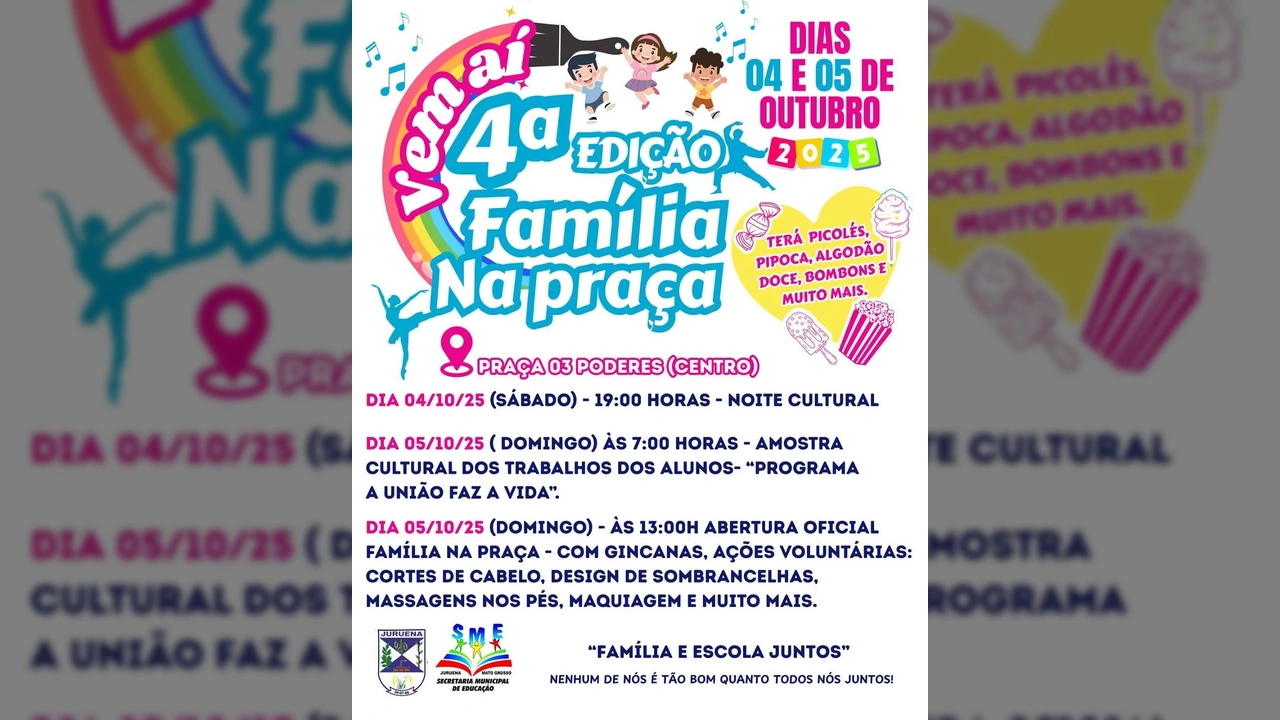 Imagem promocional da 4ª Edição do Família na Praça em Juruena, com crianças, notas musicais, um arco-íris e informações sobre as datas e atividades. Créditos: Prefeitura Municipal de Juruena.