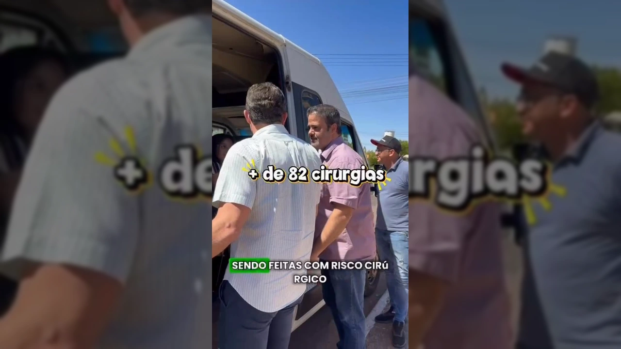 Grupo de homens com pacientes embarcando em van para cirurgias em Primavera do Leste. Créditos: Prefeitura de Juscimeira