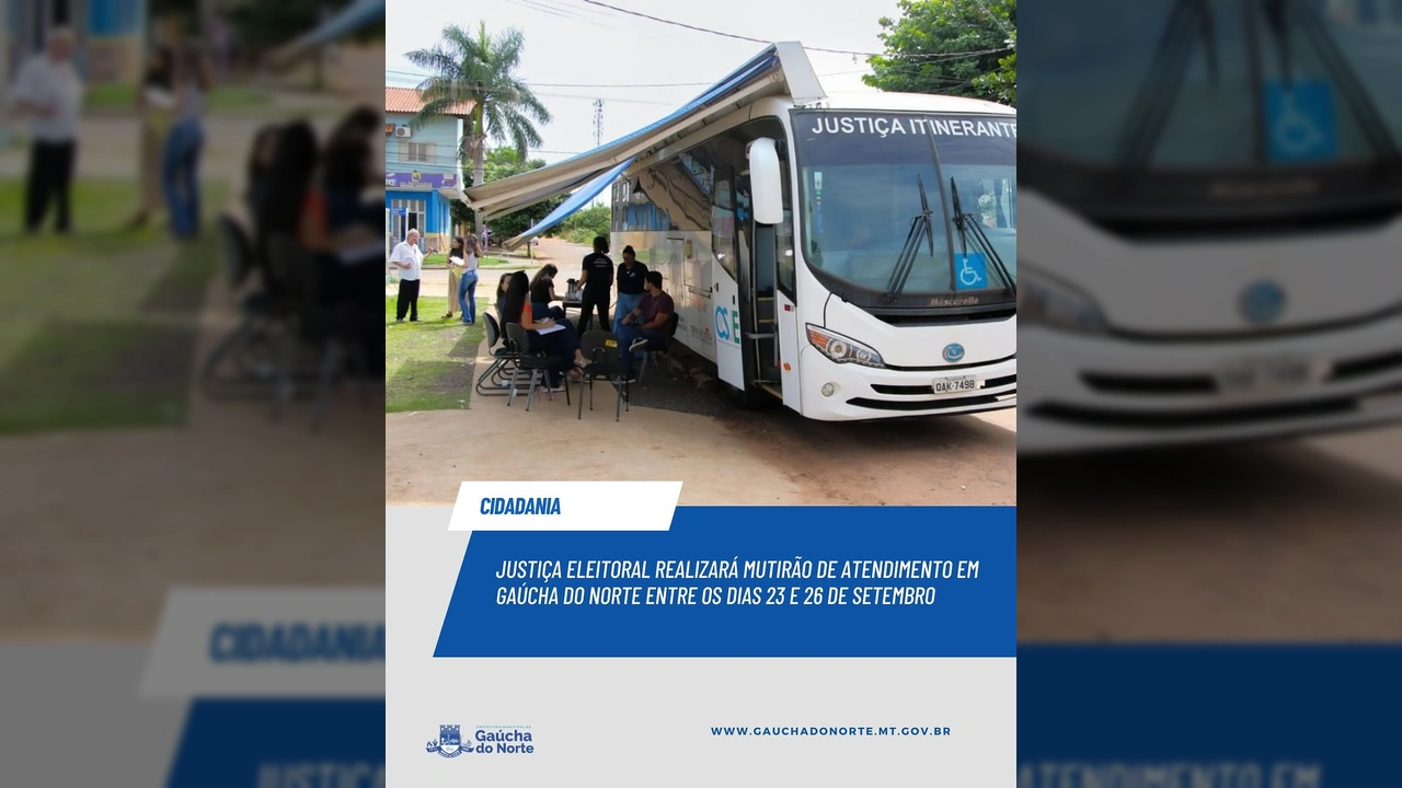 Ônibus da Justiça Itinerante com pessoas sendo atendidas, mutirão de cidadania em Gaúcha do Norte, Mato Grosso.