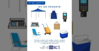 Kit essencial do feirante: tenda, balança, máquina de cartão, avental, carrinho, caixa térmica, embalagens e cadeira. Imagem da Empaer MT / Instagram