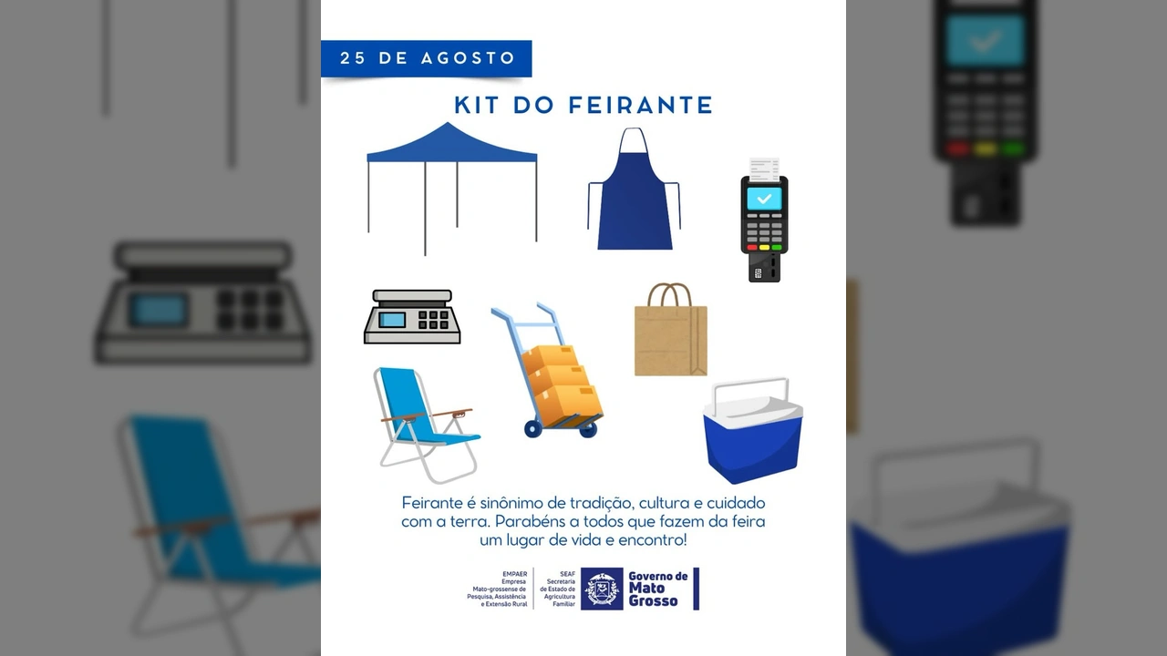 Kit essencial do feirante: tenda, balança, máquina de cartão, avental, carrinho, caixa térmica, embalagens e cadeira. Imagem da Empaer MT / Instagram