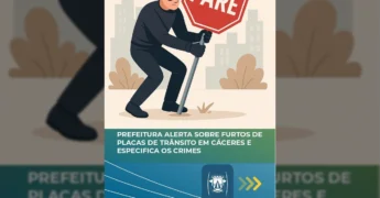 Imagem ilustrativa de um ladrão furtando uma placa de Pare, representando os furtos de placas de trânsito em Cáceres. Créditos: Prefeitura de Cáceres / Instagram.