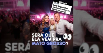 Imagem de Mauro Mendes e Virginia Mendes com uma sósia de Lady Gaga, divulgando o futuro Espaço Show em Cuiabá e a possibilidade de receber grandes artistas. Créditos: @mauromendesoficial no Instagram.
