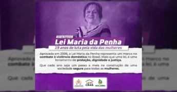Maria da Penha em destaque com texto sobre os 19 anos da Lei Maria da Penha, cortesia de Prefeitura de Nova Lacerda / Instagram.