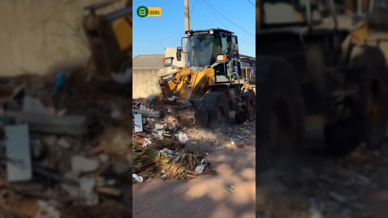 Máquinas e equipe da Prefeitura de Várzea Grande realizando mutirão de limpeza de lixo no bairro Parque do Lago. Créditos: Prefeitura de Várzea Grande MT / Instagram