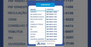 Imagem divulgada pela Prefeitura de Gaúcha do Norte com lista de contatos telefônicos de seus departamentos