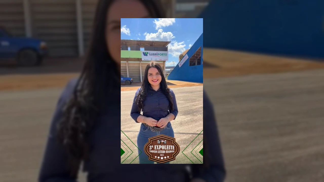 Mulher sorrindo em evento, divulgando a Lubriporto na Expoleite em Juína. Créditos: Instagram / lubriporto.