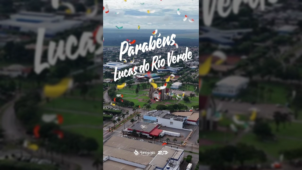 Imagem aérea da cidade de Lucas do Rio Verde, com prédios e áreas verdes, celebrando seu aniversário. Crédito: Aprosoja Mato Grosso / Instagram