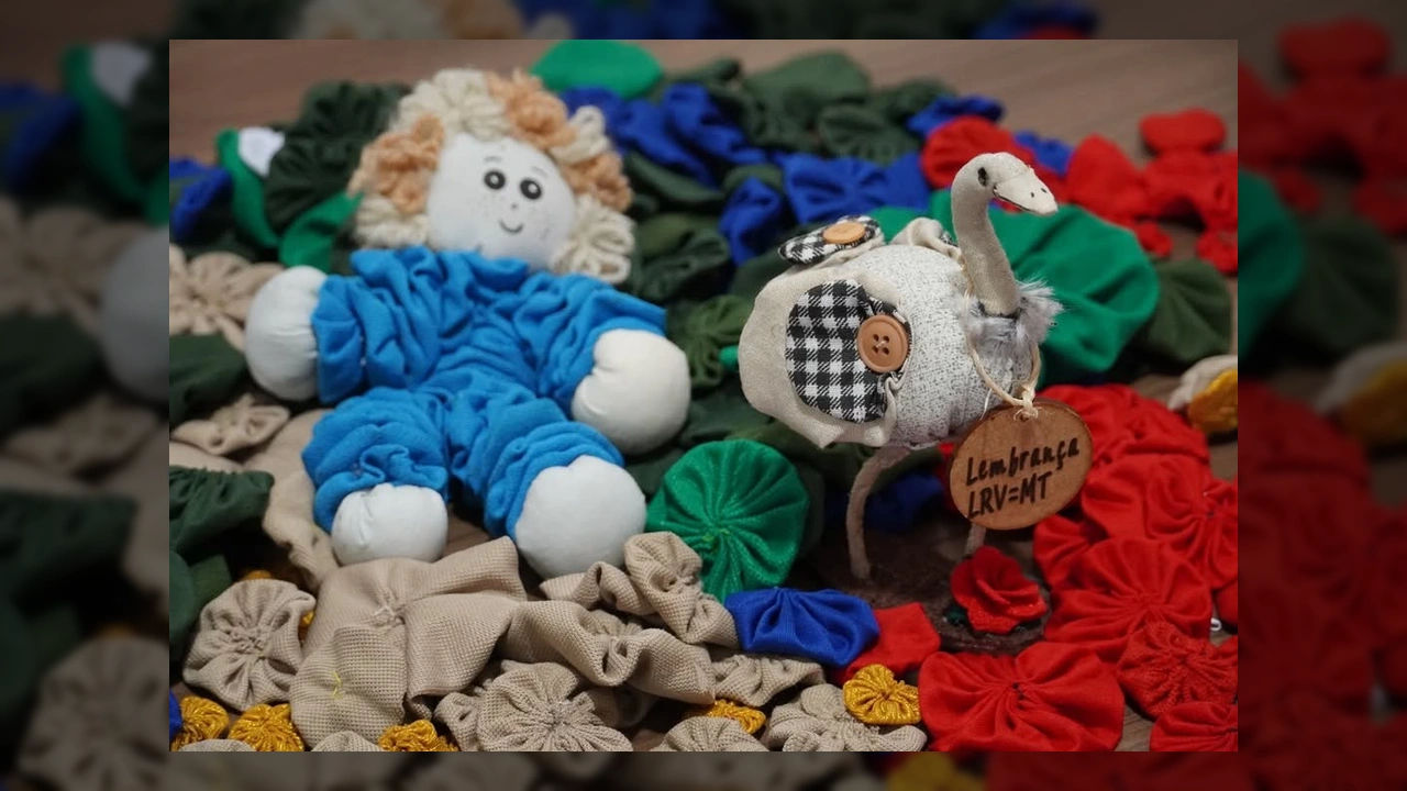 Fuxico, bonecos artesanais e avestruz de tecido em Lucas do Rio Verde. Crédito: vivacultura.lrv / Instagram.