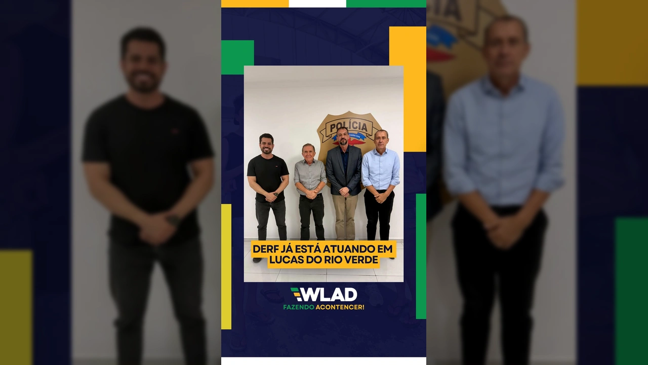 Quatro homens, incluindo Wlad Mesquita, Miguel Vaz, Joci Piccinni e Rodrigo Bastos, em reunião sobre segurança pública em Lucas do Rio Verde. Imagem cedida por Wlad Mesquita / Instagram.