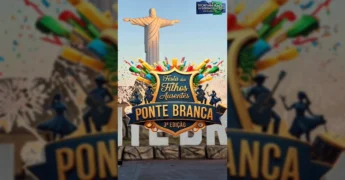 Imagem de Lucas Gonçalves, locutor, anunciando a 3ª Festa dos Filhos Ausentes com a estátua do Cristo Redentor de Ponte Branca ao fundo. Créditos: @ponte_brancamt no Instagram.