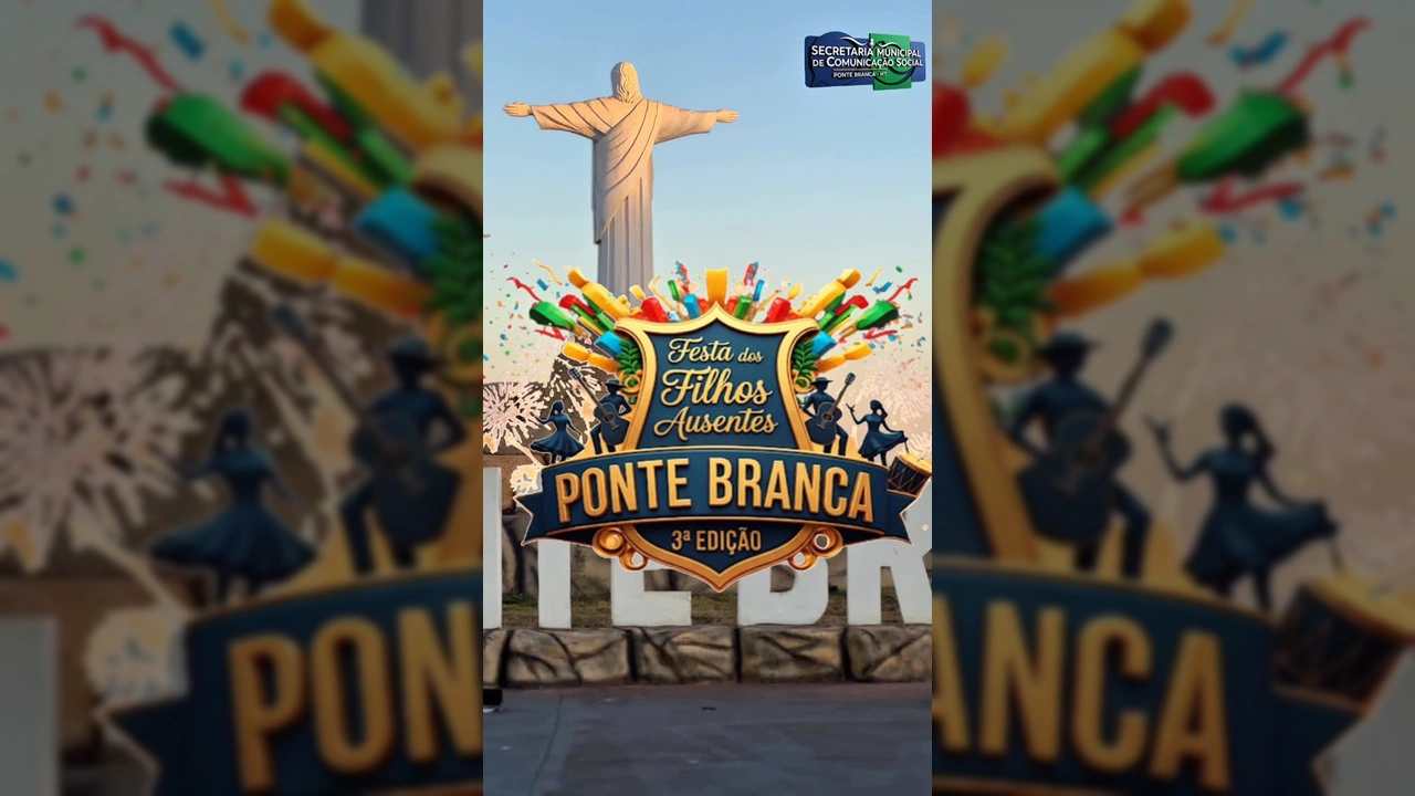 Imagem de Lucas Gonçalves, locutor, anunciando a 3ª Festa dos Filhos Ausentes com a estátua do Cristo Redentor de Ponte Branca ao fundo. Créditos: @ponte_brancamt no Instagram.