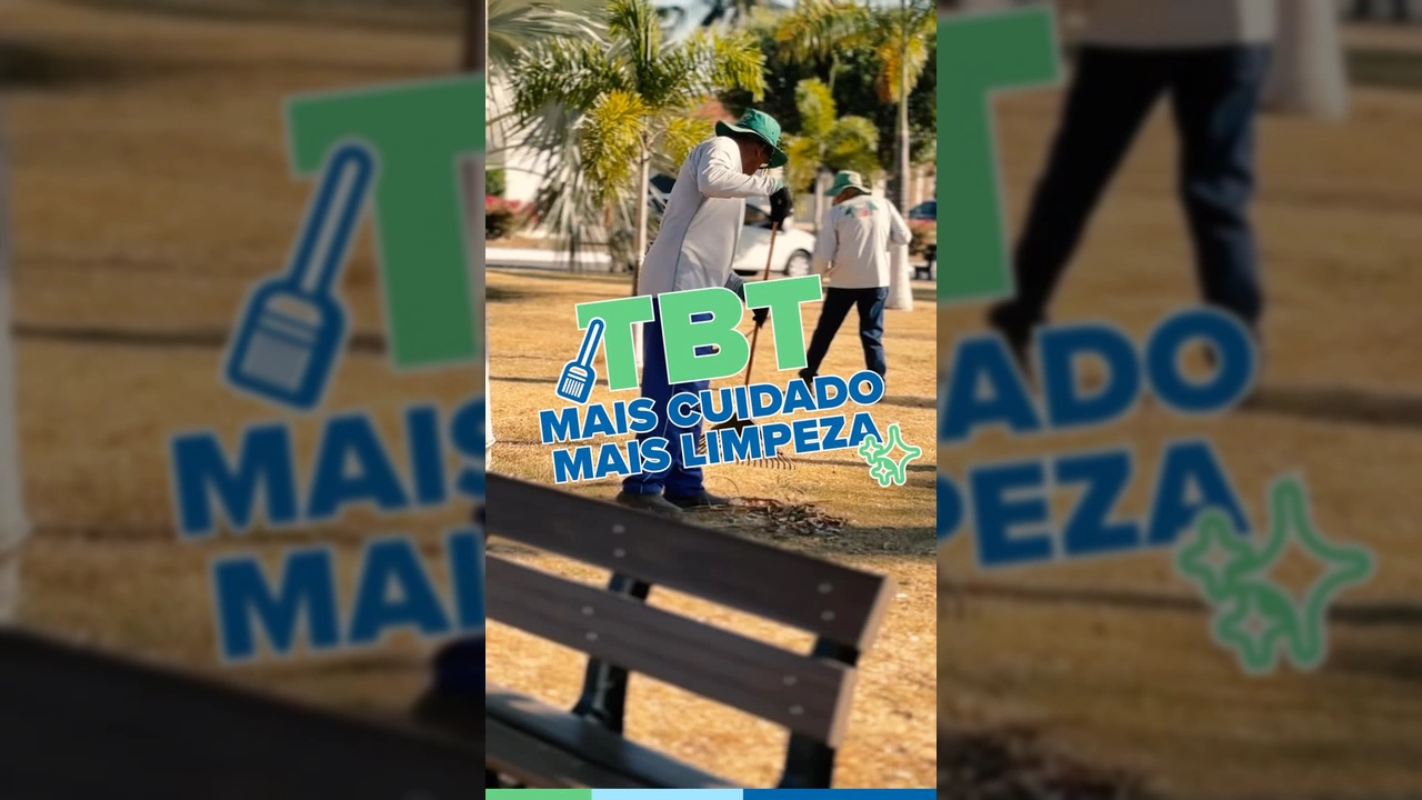 Homens trabalhando na manutenção da Praça Central de São José do Rio Claro, varrendo folhas e aparando arbustos. Créditos: Instagram / prefeituradesaojosedorioclaro