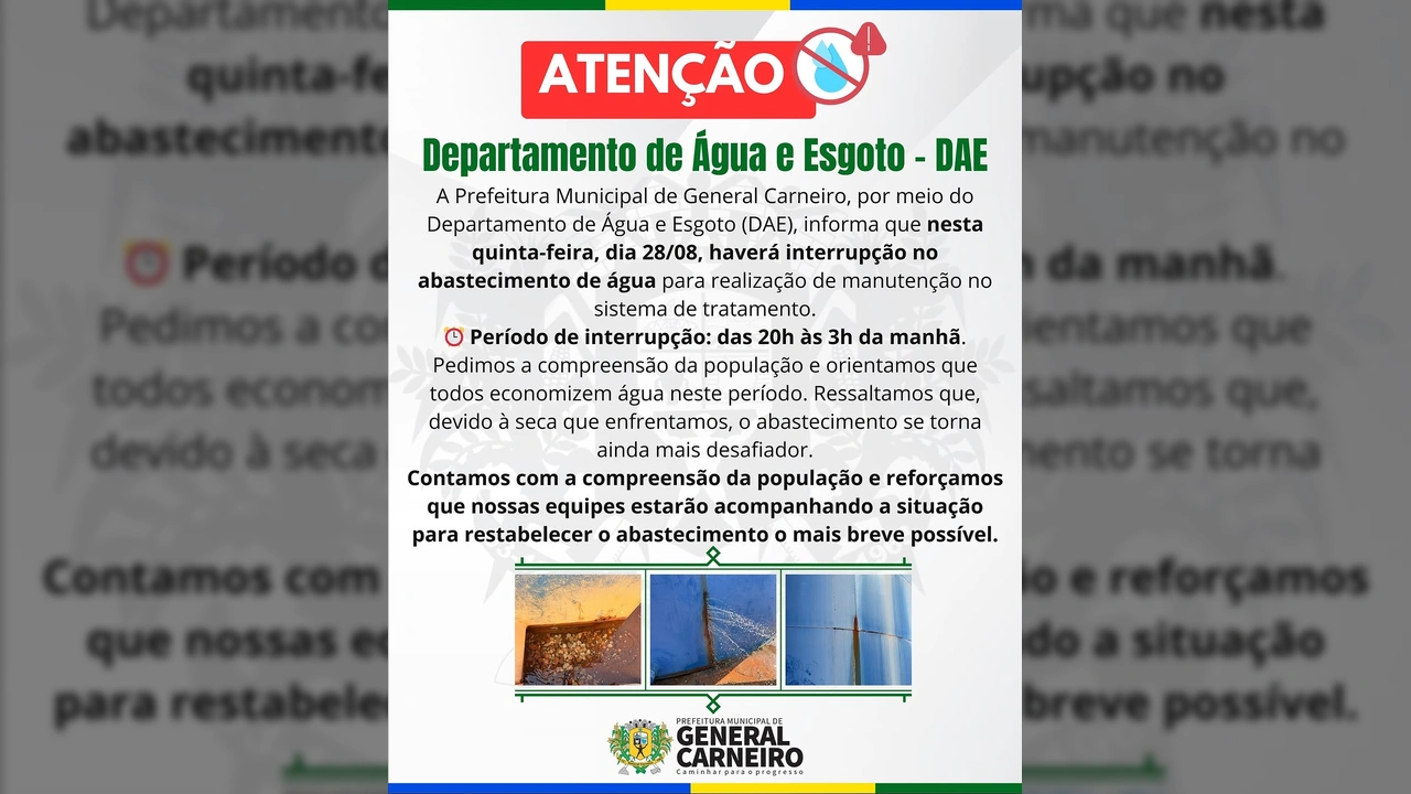 Trabalhos de manutenção no sistema de tratamento de água em General Carneiro, publicados pela Prefeitura_General Carneiro no Instagram.