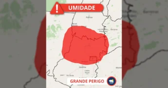 Mapa do INMET mostrando áreas de Grande Perigo por baixa umidade em MT, TO, GO, MG, BA e DF