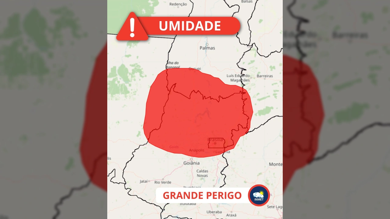 Mapa do INMET mostrando áreas de Grande Perigo por baixa umidade em MT, TO, GO, MG, BA e DF