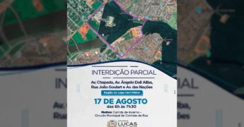 Mapa das vias interditadas para a Corrida de Inverno em Lucas do Rio Verde, com destaque para a região do Lago Harri Müller. Créditos: Prefeitura de Lucas do Rio Verde / Instagram