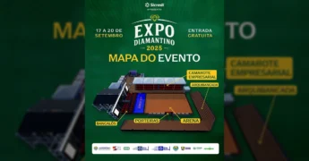 Imagem do mapa oficial da ExpoDiamantino 2025 com áreas destacadas como Arena, Área VIP e Camarotes, crédito para ExpoDiamantino no Instagram.