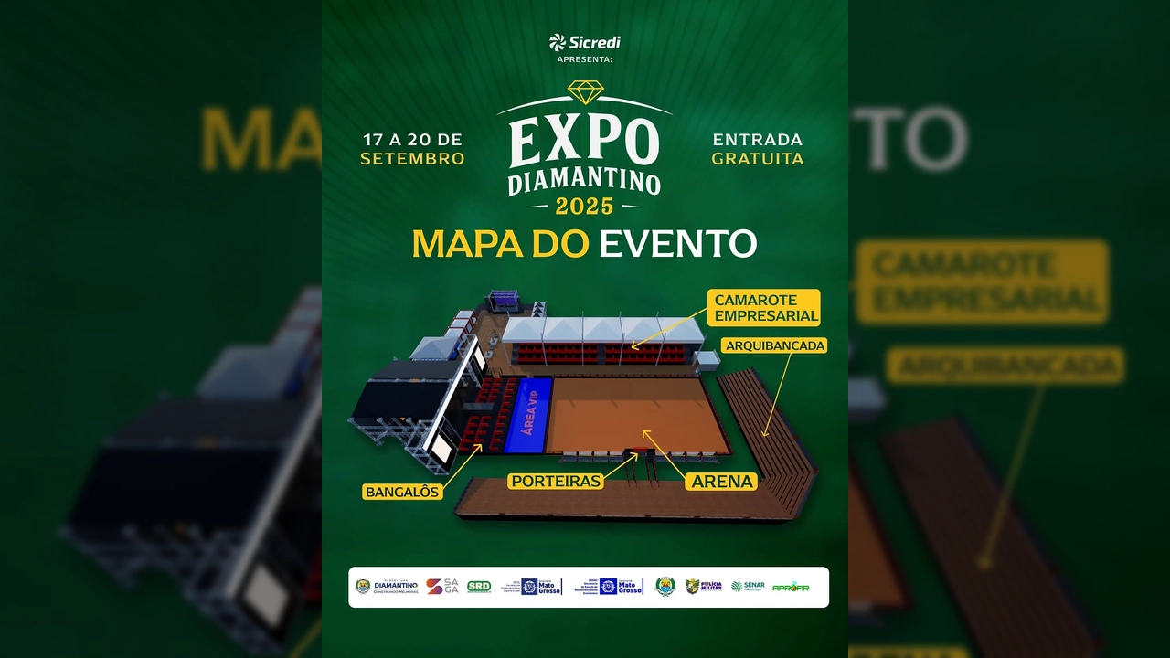 Imagem do mapa oficial da ExpoDiamantino 2025 com áreas destacadas como Arena, Área VIP e Camarotes, crédito para ExpoDiamantino no Instagram.